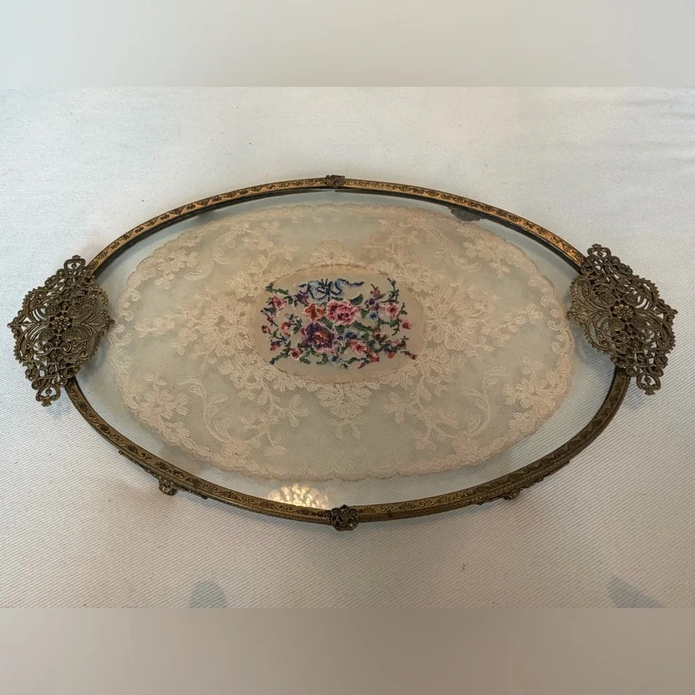Vintage or Antique Victorian Tray Brass Oval Lace-Trim Tray Floral Embroidery